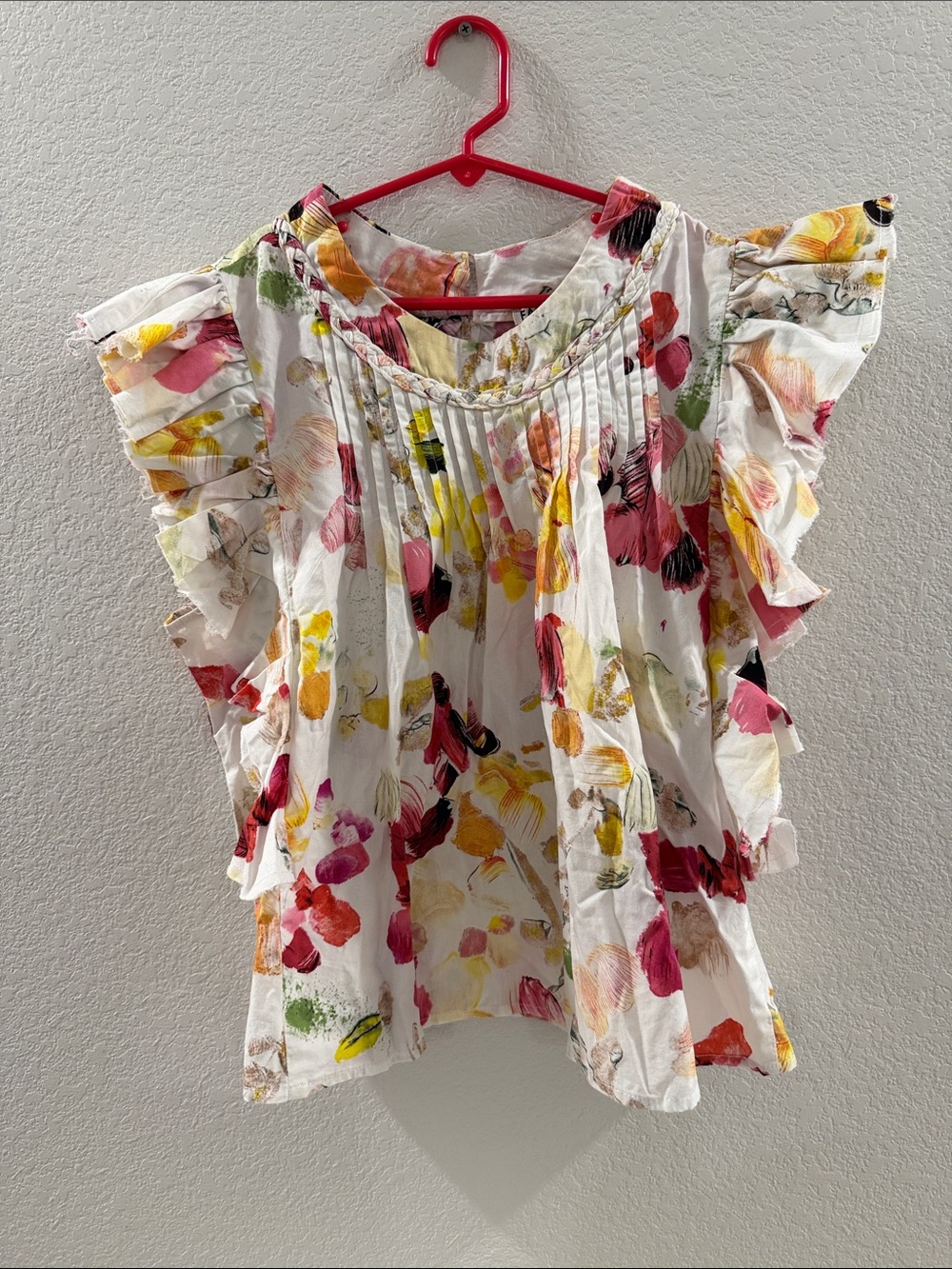 White Floral Ruffle Sleeve Blouse 100% Cotton Size M